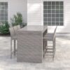 Outdoor wicker bar table with matching stools placed on a modern patio, durable outdoor furniture by Outadore Space
